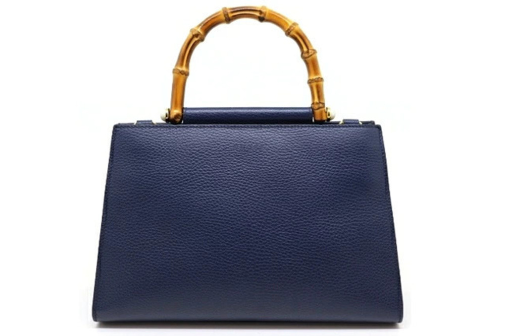Gucci Top Handle Bag Navy Blue Calfskin Bamboo Strap
